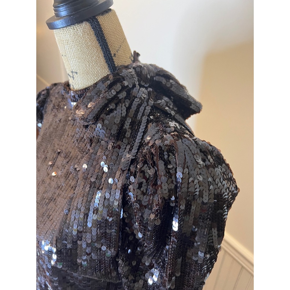 Mac Duggal 93642 Sequin Bow Shoulder Long Sleeve Midi cocktail Dress brown - Picture 11 of 16